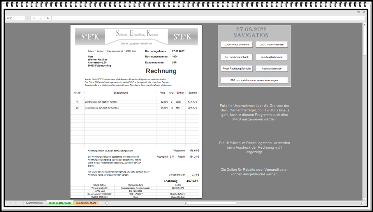 Rechnungsprogramm Fakturierungssoftware für Getränkehandel Trinkhalle MS Excel 